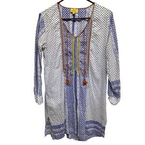 Blue White Geometric Print Embroidered Tassel Tunic Dress Women's Size Small